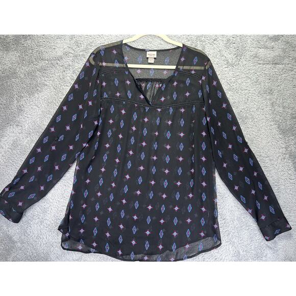 Mossimo Womens Black Sheer Top 2XL Aztec V Neck Peasant Boho Purple Popover XXL - Picture 1 of 7